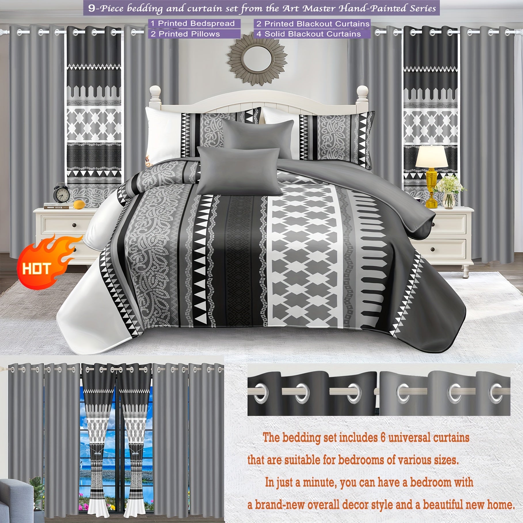 ROYBERRY Luxury Curtain and Bedding 9pcs Set, Simple and Noble Bedroom Decoratio image 2