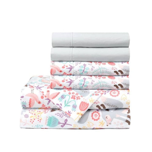 Twin size Pink Grey White Teal Floral Fox Birds Soft Polyester 4 Piece Sheet Set image 2