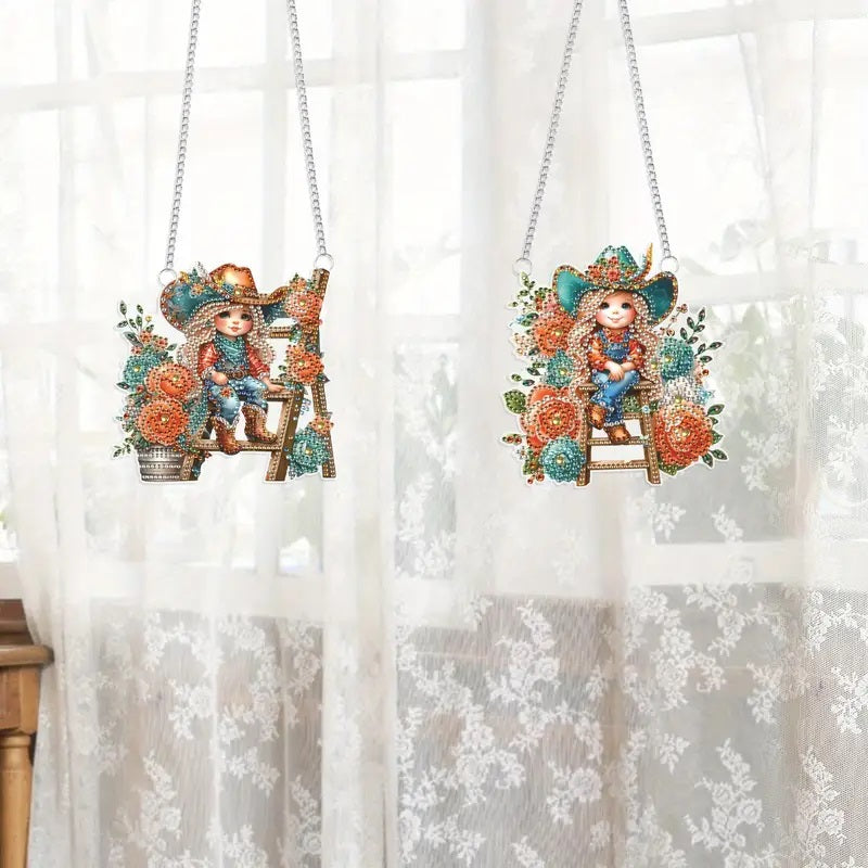 2 Hanging Cowgirls Diamond Jewel Art Decor Set Completed image 1