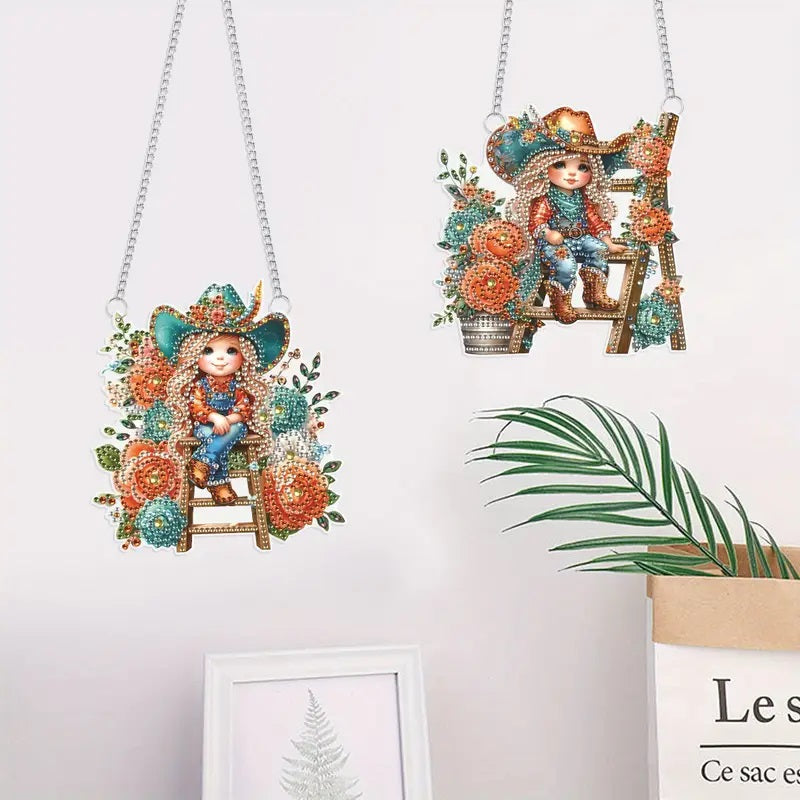 2 Hanging Cowgirls Diamond Jewel Art Decor Set Completed image 2