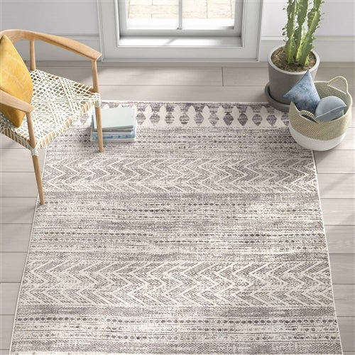 Grey Ivory Chevron Stripe Geometric Boho Style Area Rug image 0