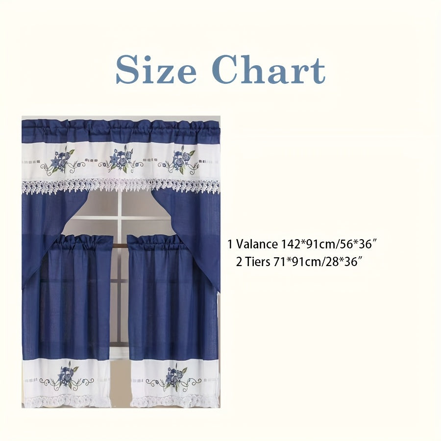 3pcs Bamboo Texture Embroidery Kitchen Curtains Set ROSES Pattern Translucency L image 2