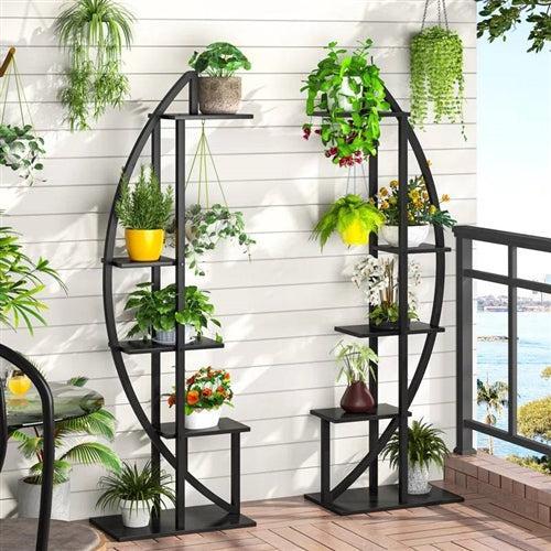 Set of 2 - Symmetrical Modern Black Metal Wood 10-Shelf Plant Stand image 1