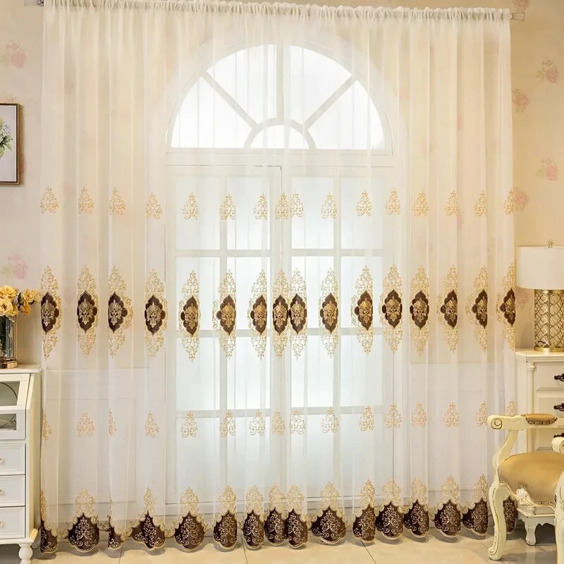 American Luxury Peony Embroidery Tulle Curtain For Living Room European Elegant  image 3