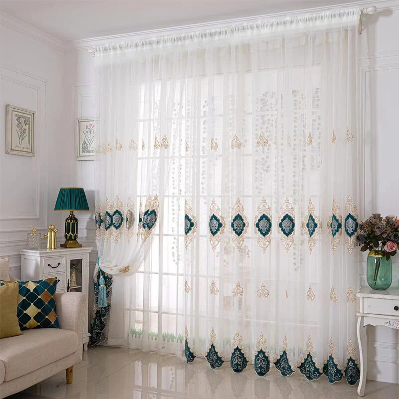 American Luxury Peony Embroidery Tulle Curtain For Living Room European Elegant  image 4
