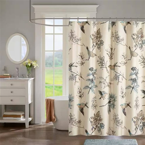 72-inch Beige Khaki Cotton Shower Curtain with Vintage Birds Leaf Floral Print image 0