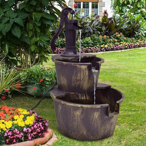 Outdoor 2-Tier Rustic Barrel Water Fountain with Submersible Pump image 0