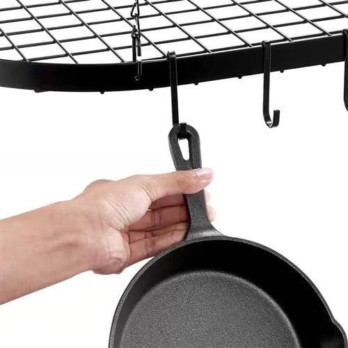 Black Carbon Steel Ceiling Mount Oval Hanging Kitchen Pot Rack with 12 Hooks image 1