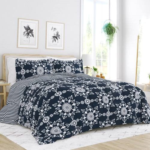 3-Piece Navy Blue White Reversible Floral Striped Comforter Set | Ez Sweet Bargains